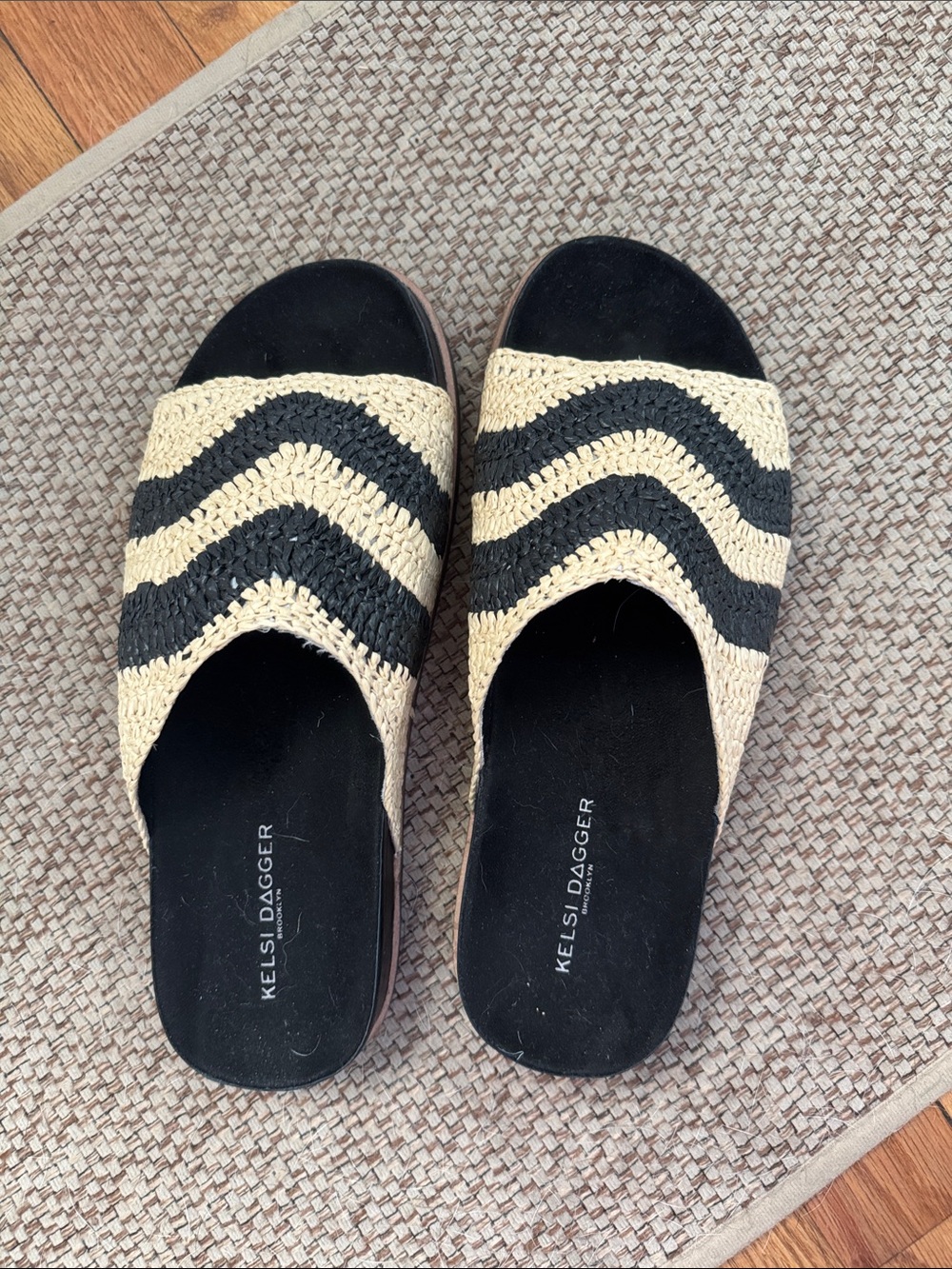 Kelsi Dagger Black and Natural Woven Slide Mules